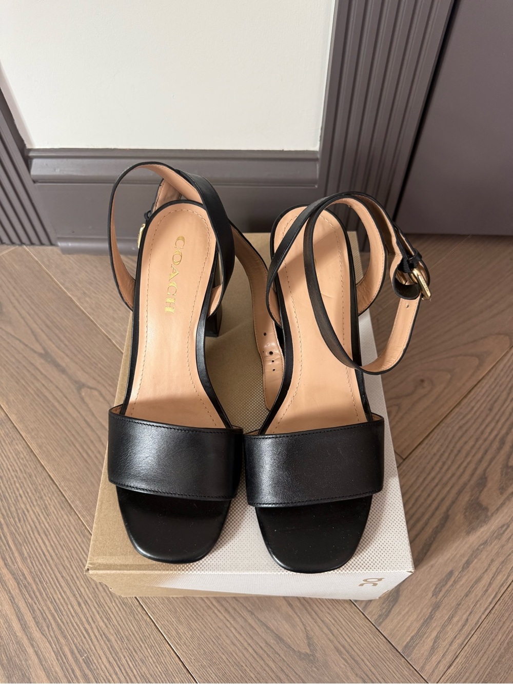 Coach Black Leather Block Heel Sandals with Ankle Strap